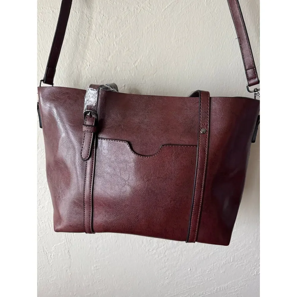 NWOT Elegant Faux Leather Tote with Removable Long Strap in Chocolate Brown